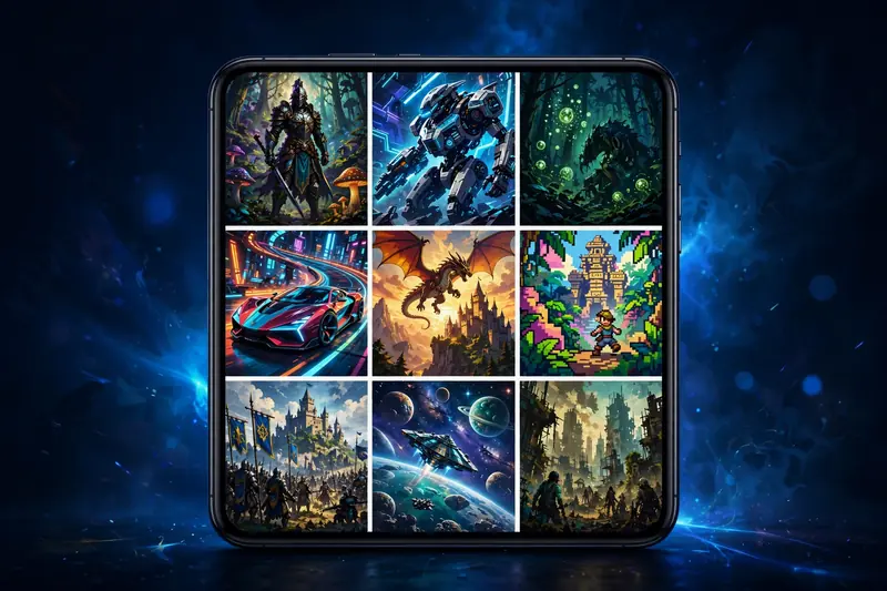 Collage of game genre icons from platformers to RPGs arranged around a central Android phone