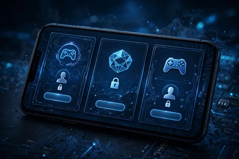 Three storefront logos stylized as game cards fanning out from a central Android phone
