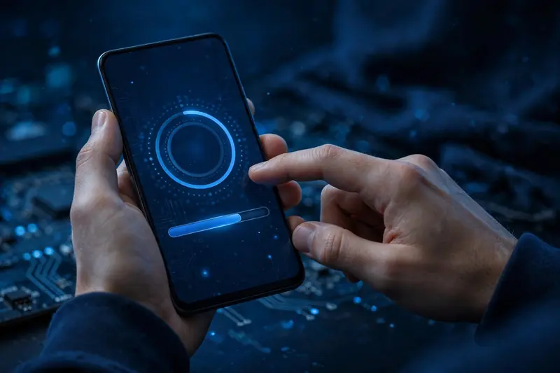 Hand holding an Android phone showing a Steam game library with a download progress bar